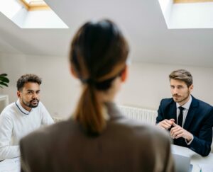 A professional business meeting involving three adults in a modern office setting.